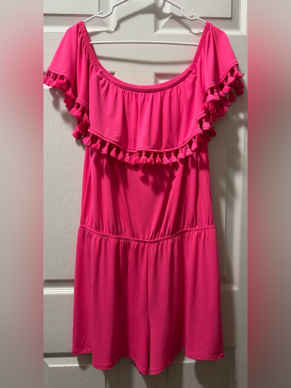 Lilly Pulitzer Bright Pink Tassel Off-Shoulder Romper